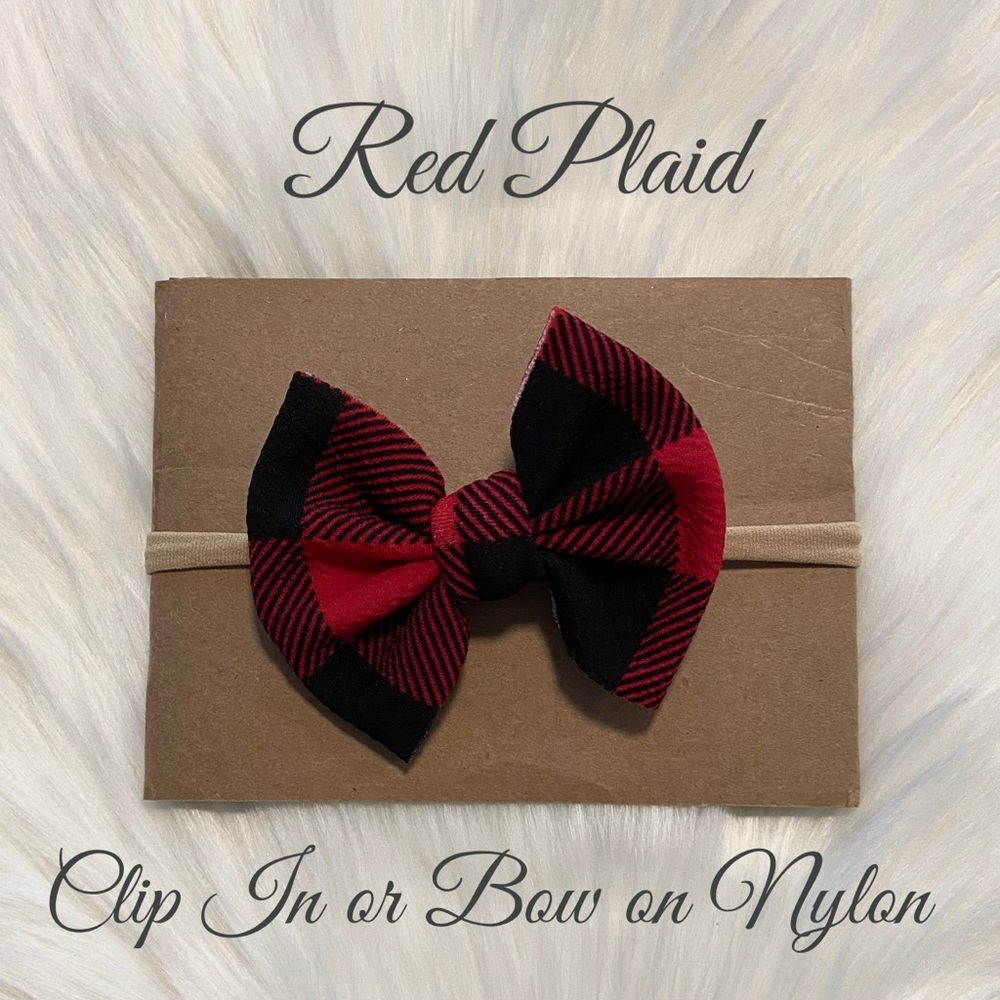 🎁Red Plaid Bow on Nylon or Clip In! - Picture 2 of 5